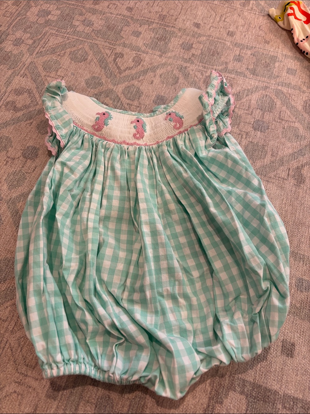 Mint Gingham Baby Romper with Seahorse Smocking